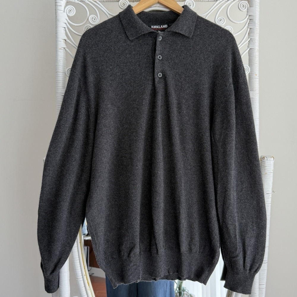 Kirkland Signature 100% Cashmere Sweater Mens XL Gray Polo Henley Made in Italy